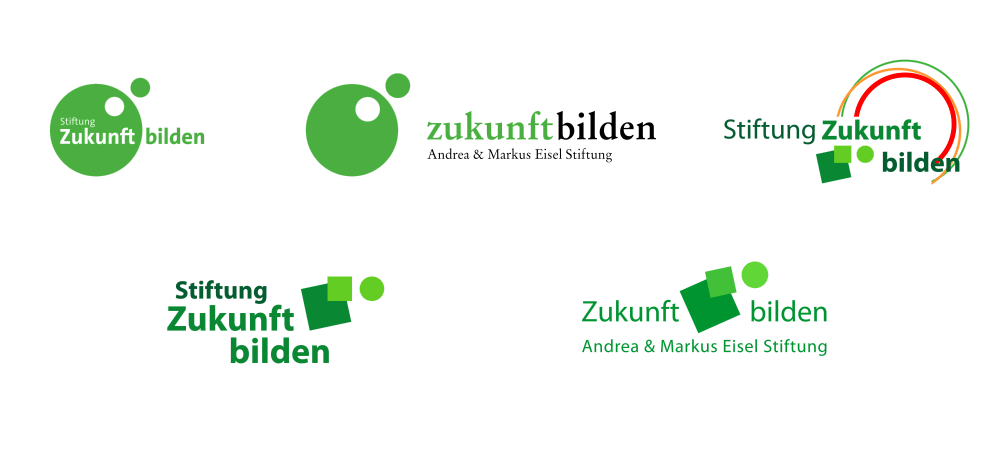 Die Entwicklung des Logos für die Stiftung "Zukunft bilden" in 5 Schritten. Die ersten Entwürfe zeigen vorwiegend Kreise, bis sich schrittweise die markanten, über Eck gestellten Quadrate als bessere Lösung erwiesen.