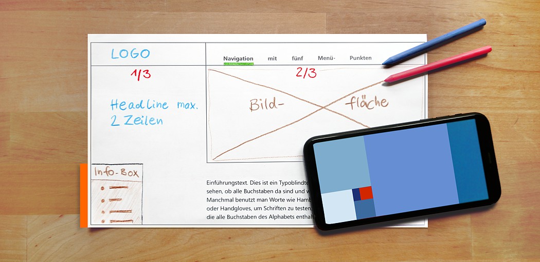 Der Ausdruck eines Entwurfs für das Layout liegt zur Bearbeitung auf dem Schreibtisch. Header und weitere Elemente wie Überschrift und Bild sind mit farbigen Stiften skizziert.